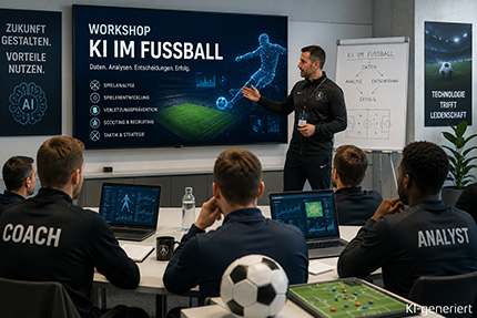KI geniertes Bild: Vortragender vor einem Screen mit dem Bild KI im Fußball", Zuhörer im Raum, Fußball auf dem Tisch