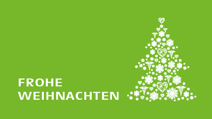 Grüne Karte mit einem weißen Weihnachtsbaum und weißem Schriftzug "Frohe Weihnachten"